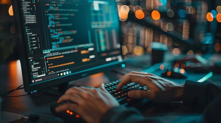 A developer typing at a desk with warm lighting