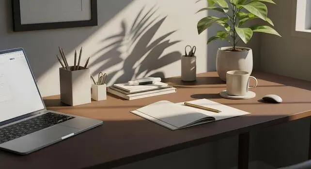 A laptop and notebook set up on a desk in a bright home workspace